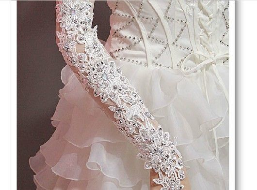 Uroczy Kości Ivory Red Wedding Sukienka Bridal Rękawiczki Akcesoria Bridal Długa Długość Zroszony Koronki Sekwi