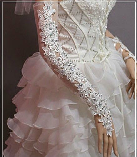 Bezauberndes elfenbeinrotes Hochzeitskleid, Brauthandschuhe, Brautaccessoires, lange Länge, perlenbesetzte Spitzen-Sequi