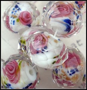 Lampwork Glaspärlor Rosa Blomma Kungsblå Blad Inuti Facetterad 80st Rondelle Vita Glaspärlor 12MM1 13030427