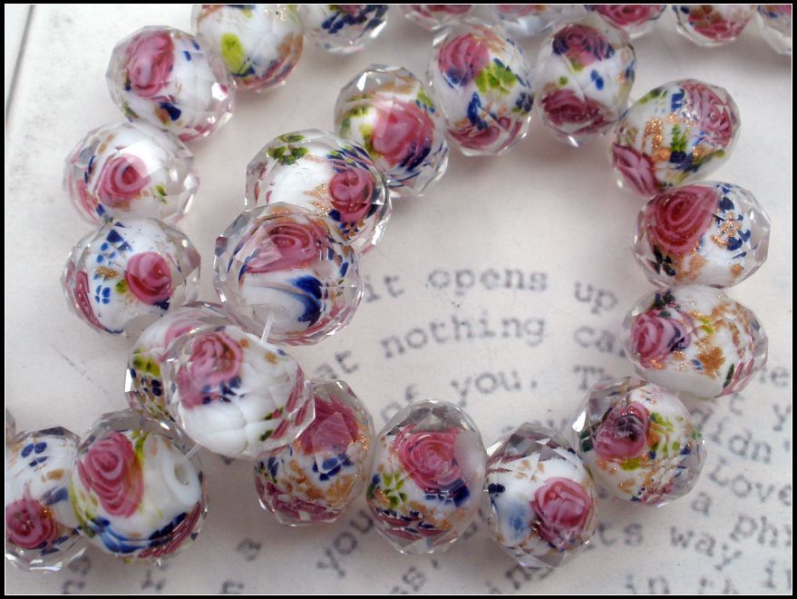 Lampwork Glass Beads Pink Flower Królewskie Niebieskie liście wewnątrz faseted Rondelle White Glass Beats 12mm1 13030427221U