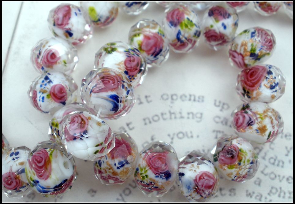 Lampwork Glass Beads Pink Flower Royal Blue Leaves Inside Faceted Rondelle White Glass Beads 12MM1 13030427236m