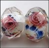 Lampwork Glass Beads Pink Flower Royal Blue Leaves Inside Faceted 80Pcs Rondelle White Glass Beads 12MM1 13030427