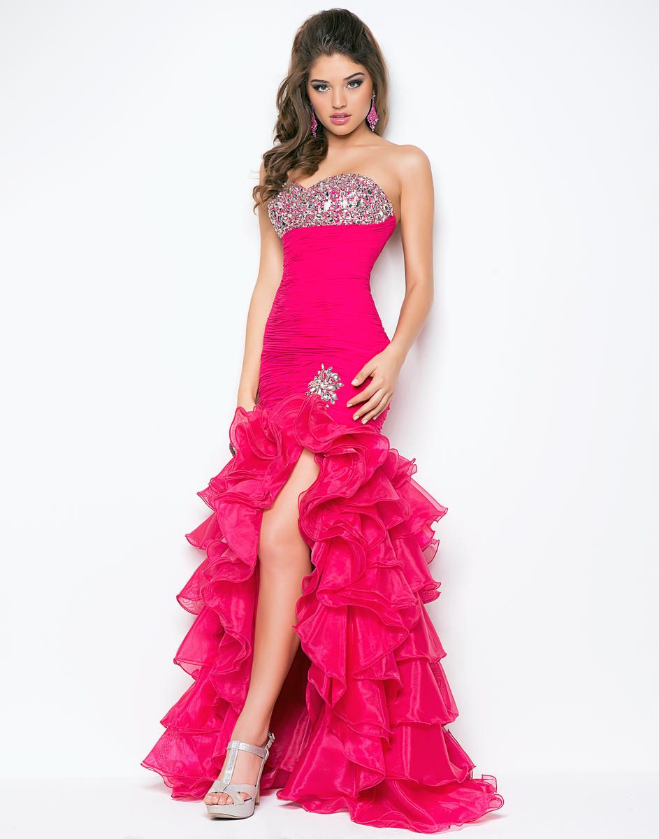 Hot Pink Mermaid Hi Lo Prom Dresses Sweetheart Beaded Sequin Ruffles ...