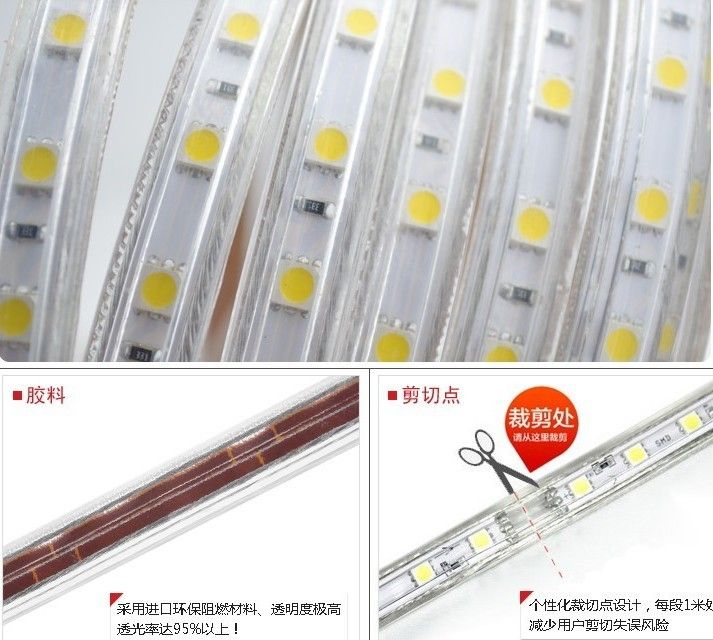 High voltage Tube Waterproof led strip 5050 60leds 100M/roll,Warm white/white/RGB,110v /220v