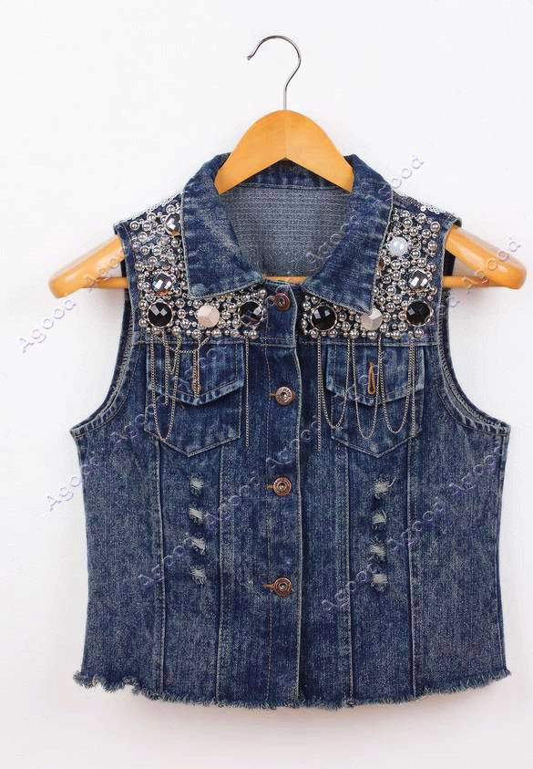 2013 Womens Vintage Washed Blue Denim Sequin Embellish Jean Vest ...