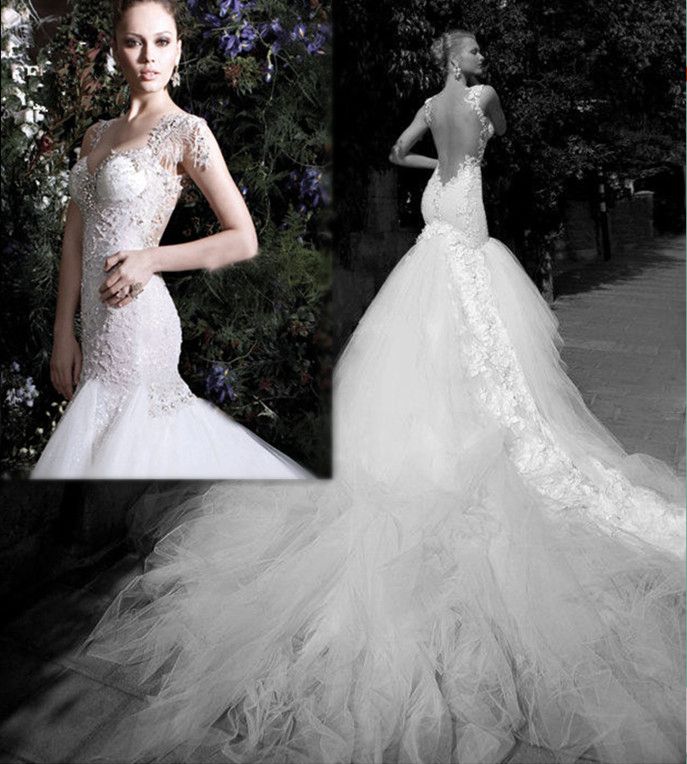 Luxury NewTulle Train Glamorous Mermaid Wedding Dresses Lace Crystal V