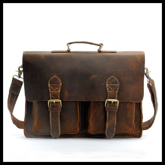 A Class CRAZY HORSE Leather Briefcase 100% Hand Made Mens Messenger Bag ...