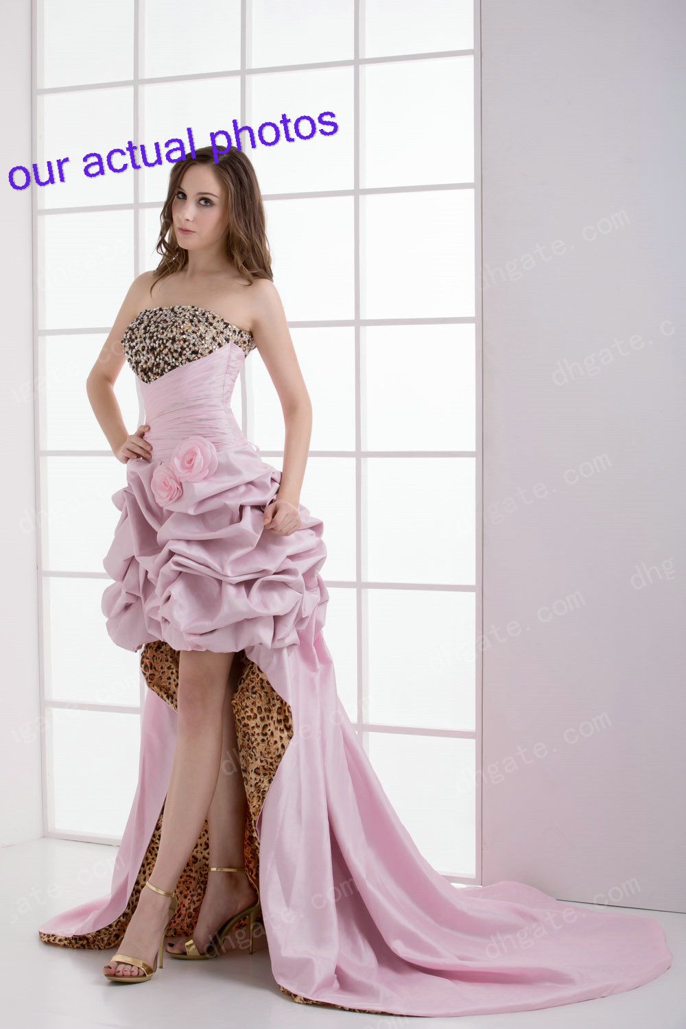 Pink Leopard Print A Line Prom Dresses Strapless Lace Up Hand Made Flower Sequin Beaded Crystal 