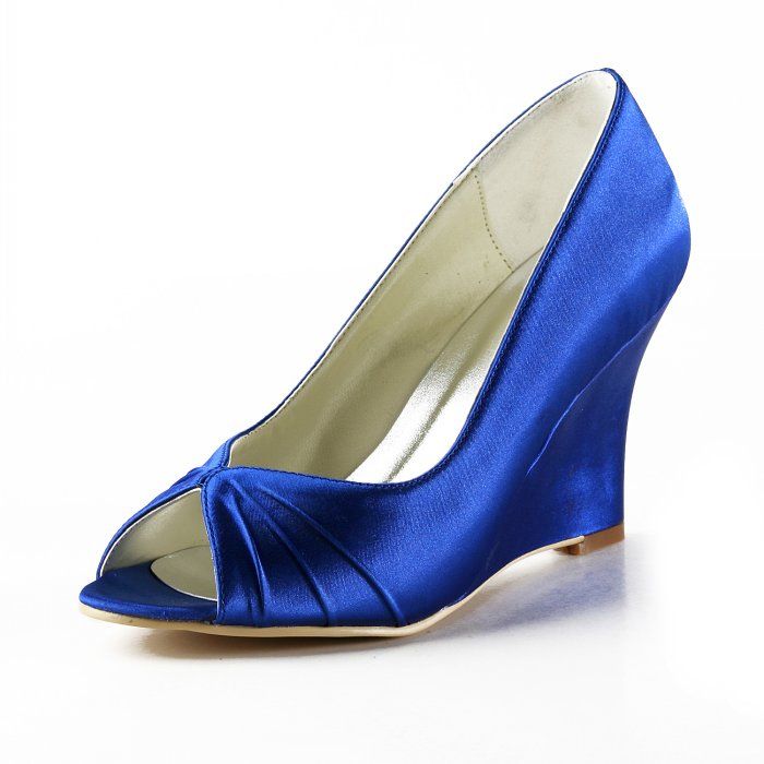 Blue Wedge Heels Wedding Bridal Sandals Satin Peep Toe Custom Made Women Shoes Plus Size 35 45 