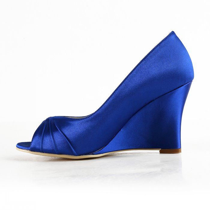 Blue Wedge Heels Wedding Bridal Sandals Satin Peep Toe Custom Made Women Shoes Plus Size 35 45 