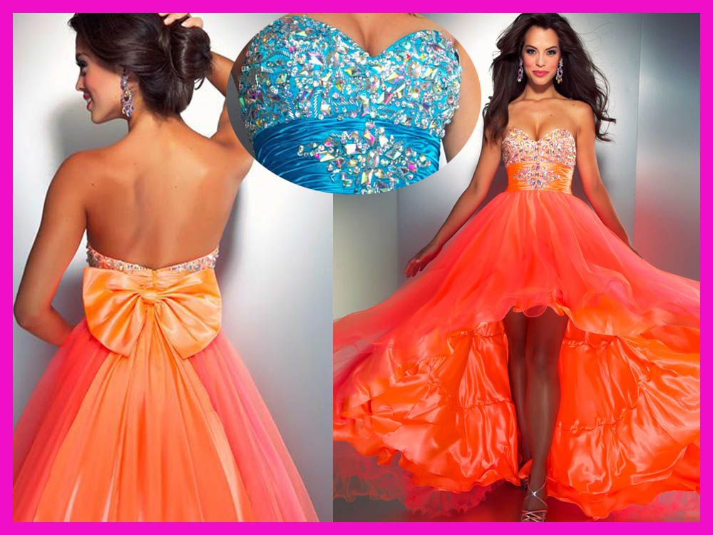 Sparkly Orange Blue High Low Prom Dresses Bow Crystal Graduation ...