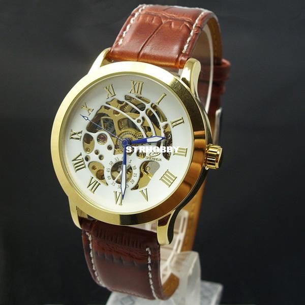 Mens Skeleton Exposed Gears Automatic Mechanical PU Leather Steel Wrist