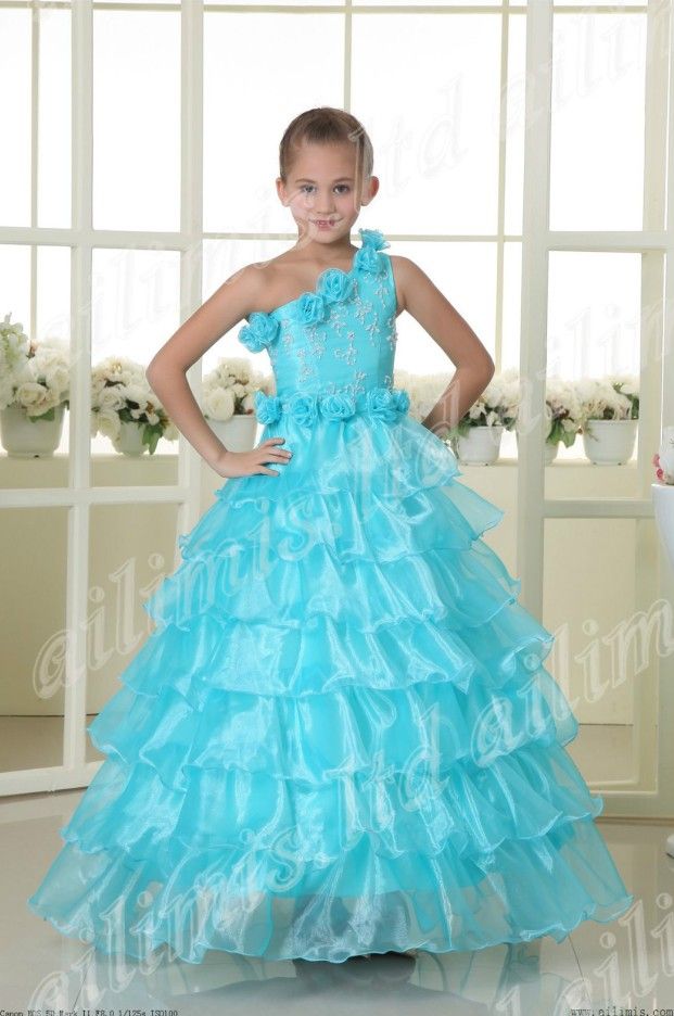 One Shoulder Beads Ball Gown Kids Girls Pageant Prom Formal Dance Party