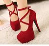 New Red Black Cross Strappy Pumps Sexig Bröllopsklubb Party Platform High Stiletto Heels Skor