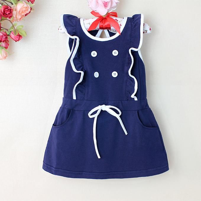 2013 New Baby Girl Summer Dress Deep Blue And White Sash Sleeveless