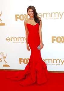 Emmys Nina Dobrev in Red Satin Stapless Fashion Mermaid Dress Pageant Celebrity Gown