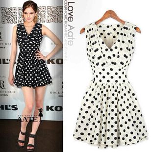 Compra Nuevo 2013, De Gasa Vestido De Lunares De Cuello V Sin Mangas  Delgado Delgada Cintura De La Mujer Sexy Vestidos De SH3181 Barato |  Entrega Rápida Y Calidad | Es.Dhgate
