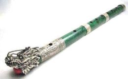 -Asiatique Antiques Chine Instrument de musique dragon figurine argent jade flûte