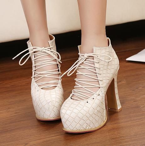 2013 New Black Off White Lace Up Closed Toe Hollow Out High Heels Pumps ...