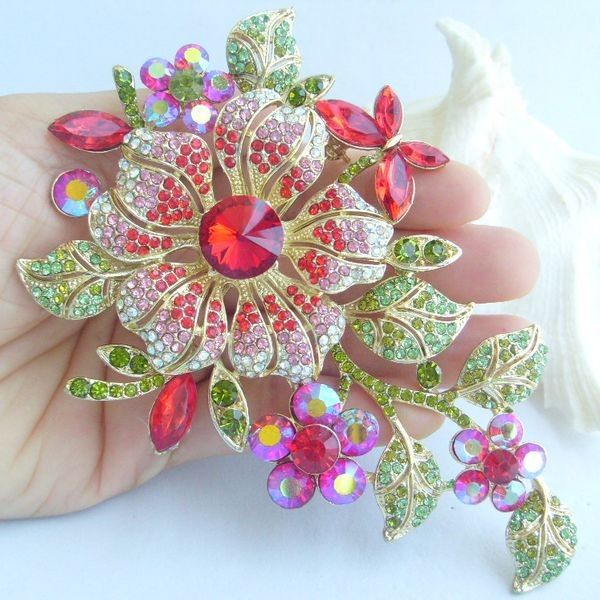 4.72Gorgeous Orchid Flower Brooch Pin W Red Rhinestone Crystals ...