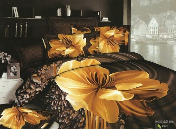 Dark Brown Yellow Floral Bedding Comforter Set Sets Queen Size Bed