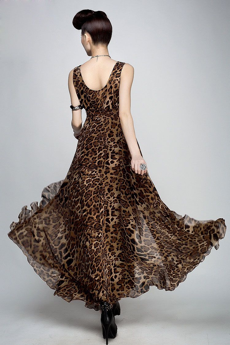 Robes pour femmes dames robe imprimée léopard maxi soirée soirée robe de plage bohème 8808