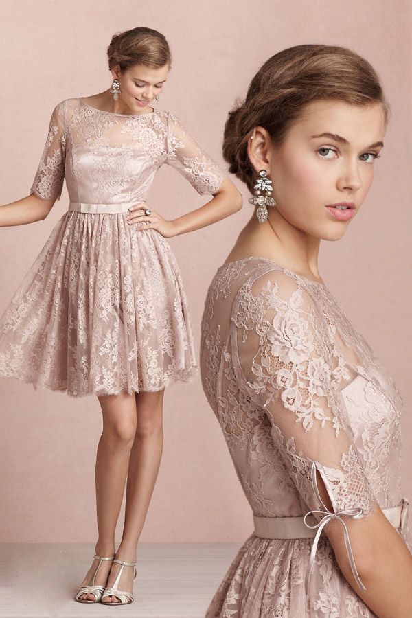 Vintage Modest Champagne Lace Half Sleeves Knee Length Bridesmaid Dress Satin From Yourdresses