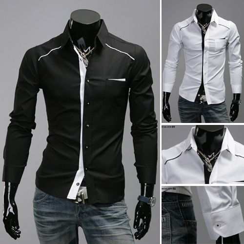 New Men Dress Shirts Classic Black And White Hit Color Leisure Slim ...