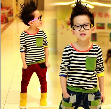 NEW Korean Boys T Shirt Long Sleeve Stripe T Shirts With Pocket Fashion ...