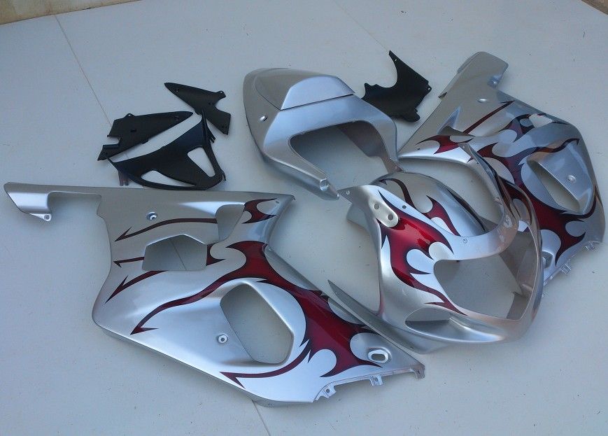 Kit de carrocerias para GSXR 600 750 2001 GSX-R600 GSX-R750 2001 K1 RED FLAMES Silver Abs Fairing282s