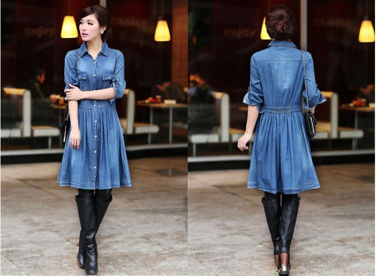 New Fashion Vintage Retro Womens OL Blue Button Down Denim Dress ...