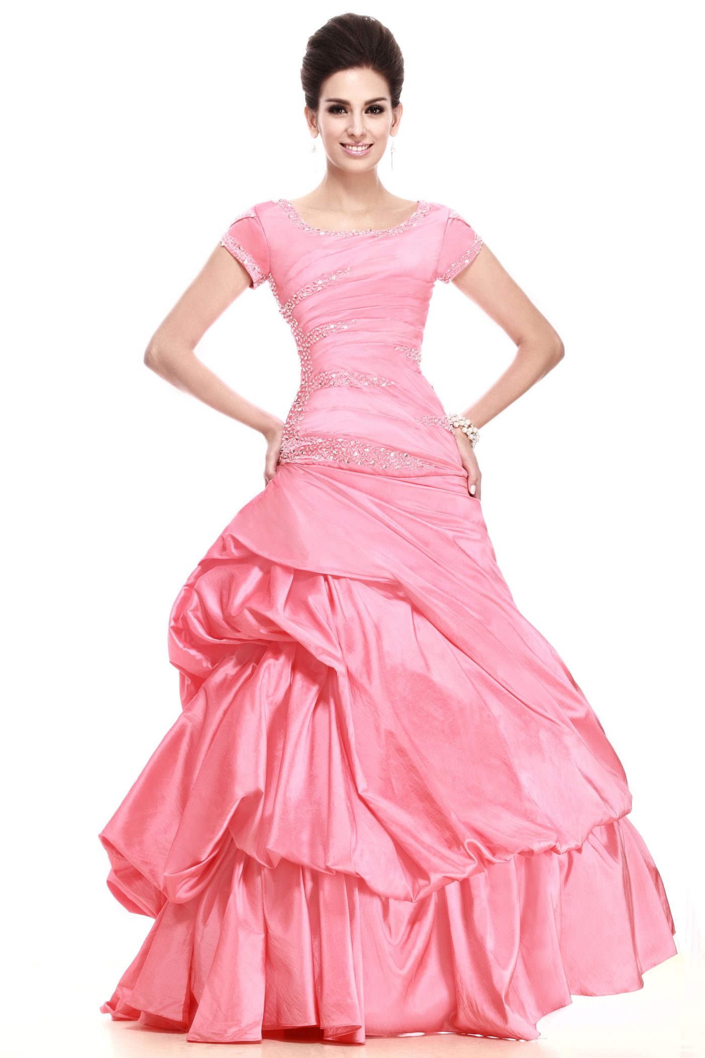 2013 Stylish Fashion Beaded Pink Taffeta Ball Gown Short Sleeve ...