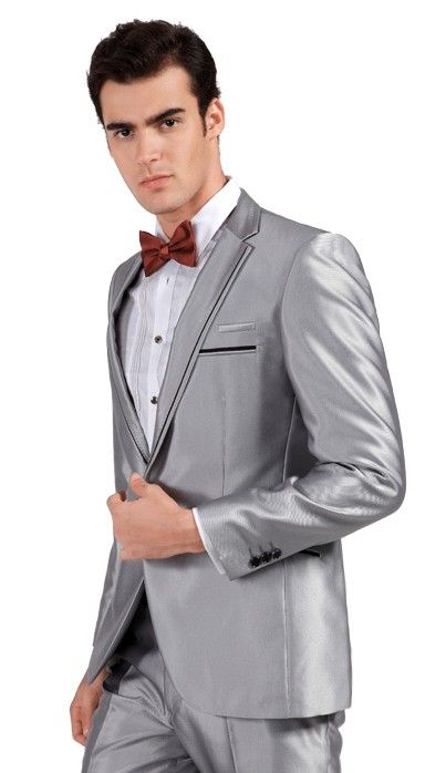 Hot Recommend Silver Gray Groom Tuxedos Slim Fit Men's Wedding Dress Prom ClothingJacket+pants+Bows tie+Girdle A8030