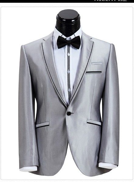 Hot Consiglia Smoking da sposo grigio argento Slim Fit Abito da sposa da uomo Prom Abbigliamento giacca + pantaloni + papillon + cintura A8030