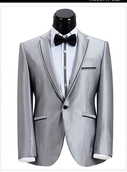 Hot Recommend Silver Gray Groom Tuxedos Slim Fit Men's Wedding Dress Prom ClothingJacket+pants+Bows tie+Girdle A8030