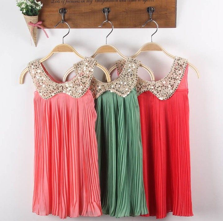 2013 Girls Ruffl Dress Korean Girls Sequined Doll Collar Chiffon Pleated Dresses Children's Clothing