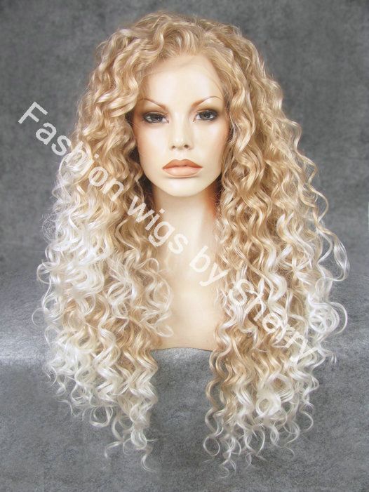 26" Extra Long #27HY/1001 Blonde Tip-white Heat Friendly Synthetic Hair Lace Front Curly Wig