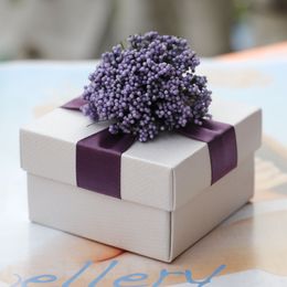 Romantic Lavender Paper Candy Boxes Purple Ribbon White Wedding Favours Party Gift Boxes Holders