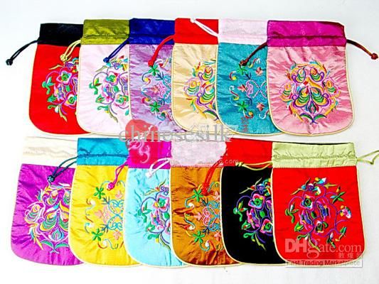 Satin Fabric Jewelry Pouch Drawstring Unique Embroidered Small Gift Bags 50pcs/lot mix color Free