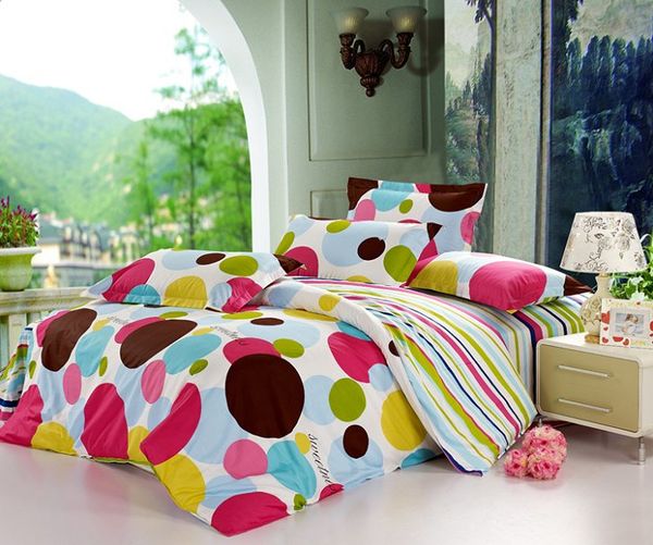 Elegant Strips Polka Dot Nature Cotton Full Queen Bedding Sets Bed