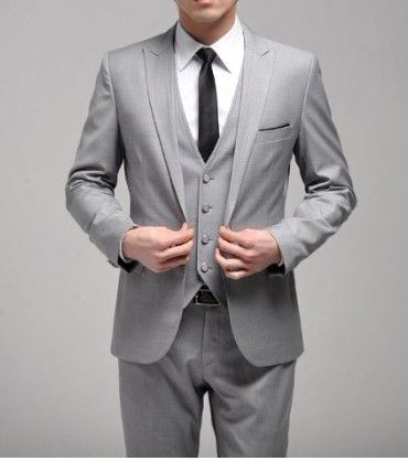 New Style Custom Made One Button Slim Fit Light Grey Groom Tuxedos Side Slit Groomsmen Men Wedding/Dinner Suits(Jacket+Pants+Tie+Vest)H129
