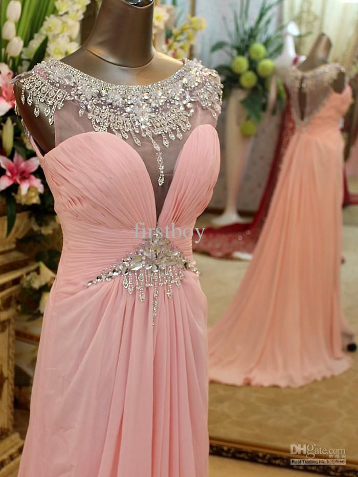 Sexy Cap Sleeves Evening Dress Crystals Pink Evening Party Gowns Prom ...