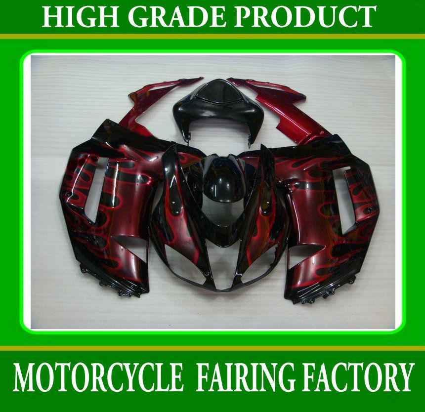 Wine Red Flames Black Racing Motorcycle Fairings For Kawasaki Ninja