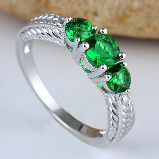 Lady 3 Stone Round Green Emerald Band Ring Silver Ring Size 8 Wed J7701 ...