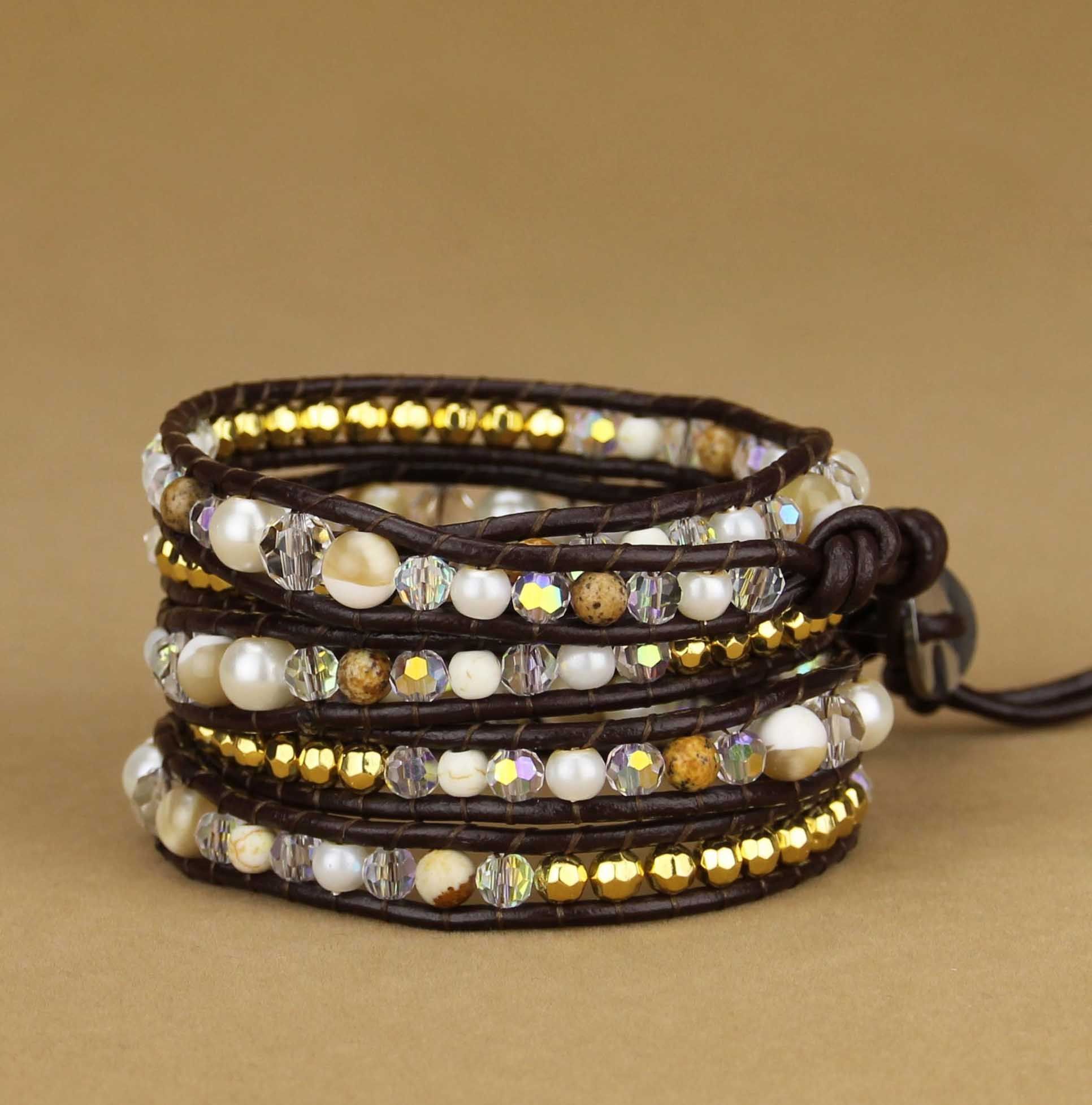 Newest Mixed Beads 5 Layered Graduated Leather Wrap Bracelet, Wrap