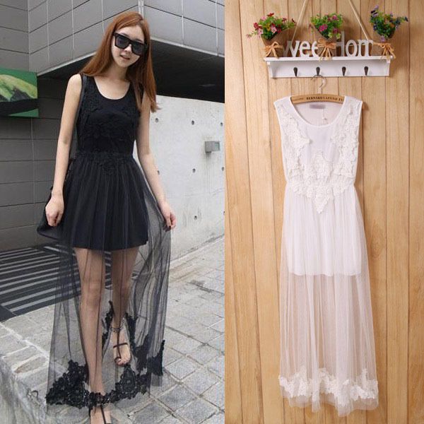 Womens Vintage Korean Sexy Sheer Lace Yarn Dance Vest Maxi