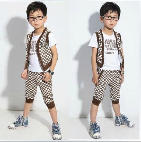 2020 Children 2013 Summer Boys Cute Plaid Vest + T Shirt + Pants Three ...