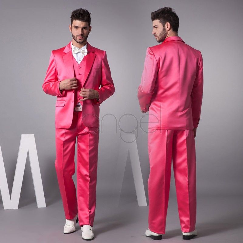 Gorący Różowy Nowy Groom Tuxedos Satin Materiał Groomsmen Mężczyźni Garnitury Ślubne Kurtka + Spodnie + Kamizelka + Kamizelka H231