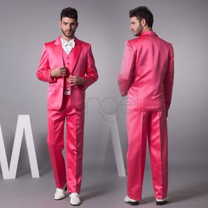 Gorący Różowy Nowy Groom Tuxedos Satin Materiał Groomsmen Mężczyźni Garnitury Ślubne (Kurtka + Spodnie + Kamizelka + Kamizelka) H231