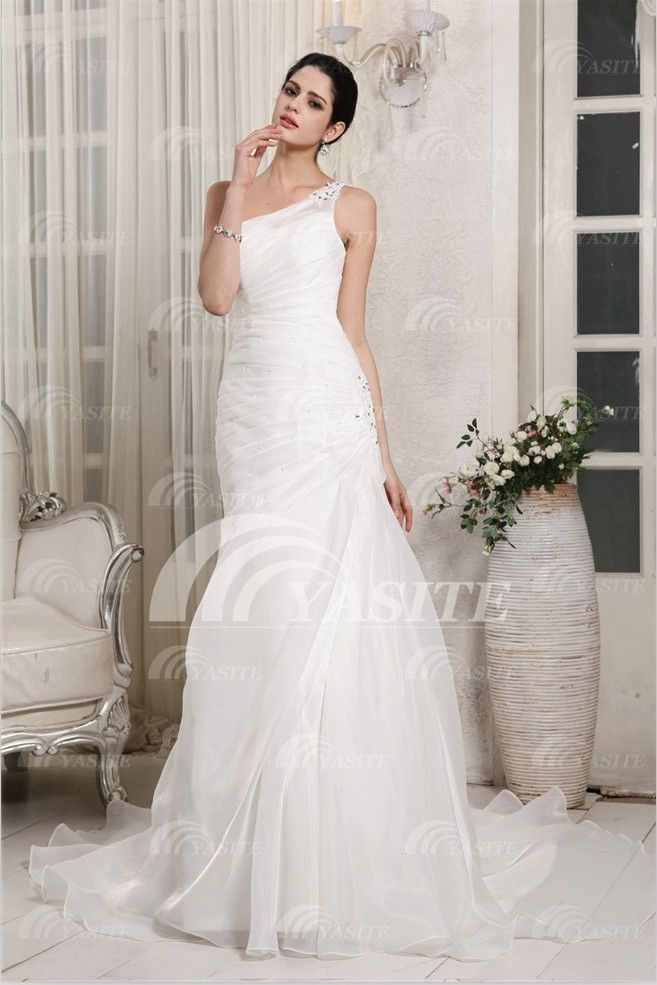 2013 Elegant Style New Design One-Shoulder Floor-length Beaded And Lace Organza Wedding Dress